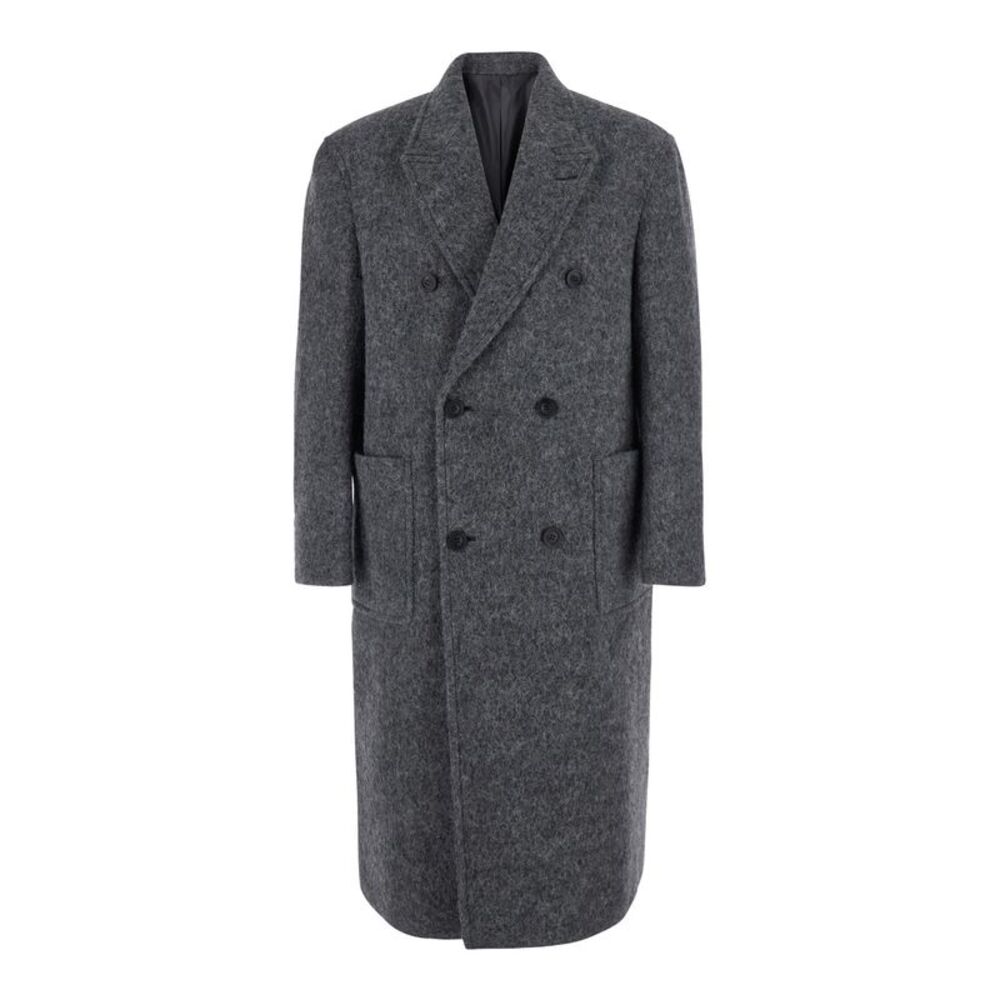 Coor Men Grey Double-Breasted Coat With Peak Revers In Wool Blend For Men